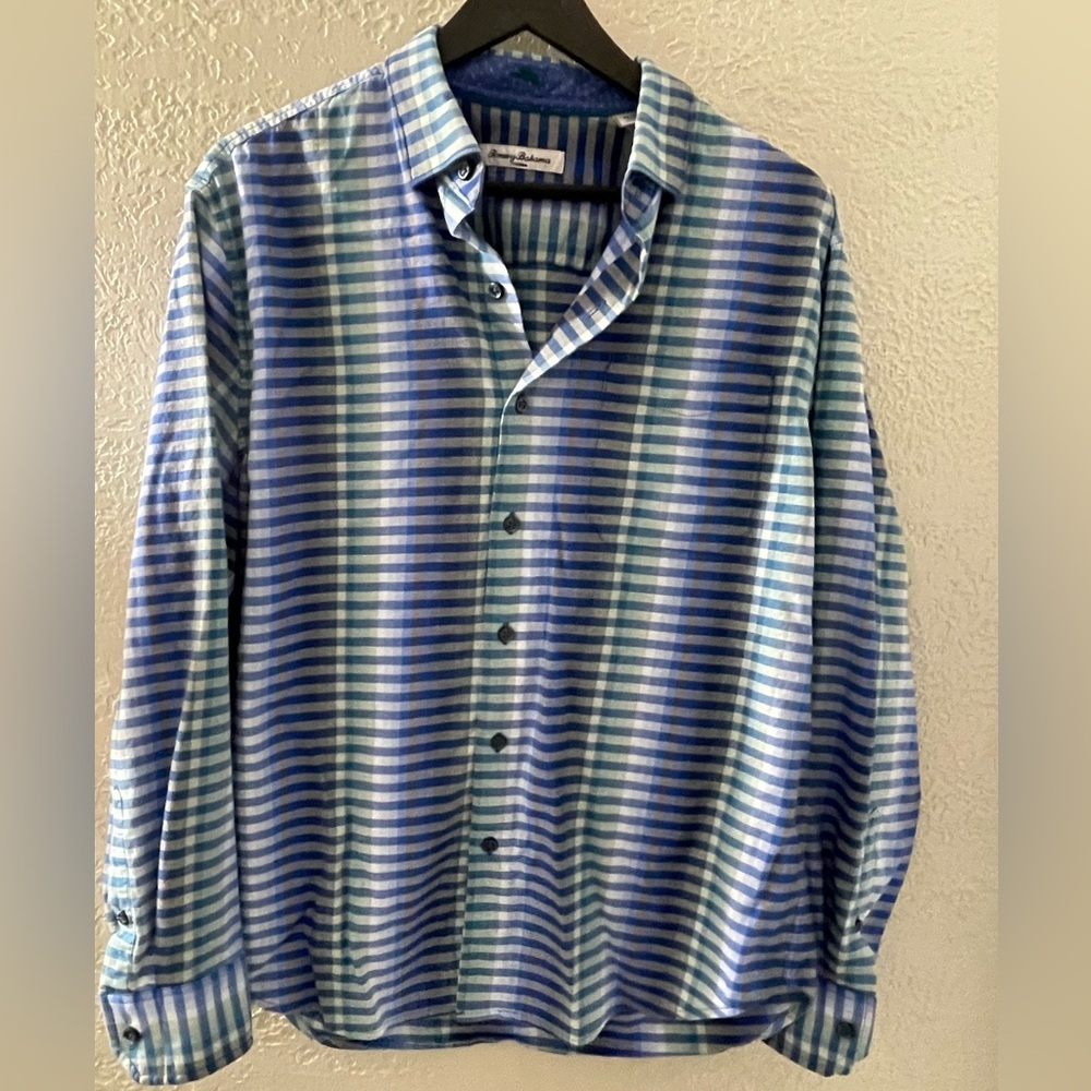 Tommy Bahama Men’s Blue and‎ Green Striped Cotton/Silk Button Down Shirt Medium